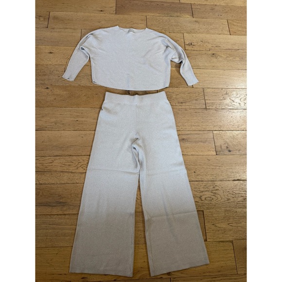 Sioni Winter White Silver Metallic Ribbed Knit 2 PC Set Women's Large - Picture 1 of 11